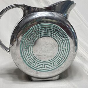 VTG Wilton & Co Armetale Pitcher Greek Key Turquoise Pewter Flat  2 Qt Engraved